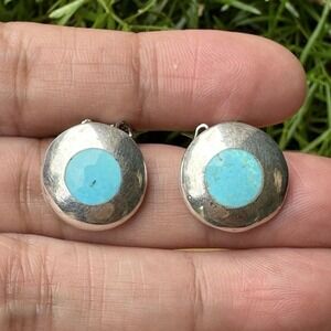 Vintage Earrings Clips 0.75 Inch Turquoise Minimalist Southwestern Stainless